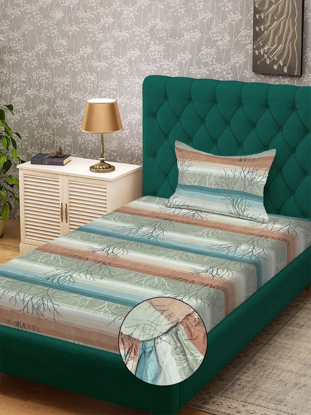 Multi Striped 300 TC Cotton Blend Fitted Single Bedsheet with Pillow Cover