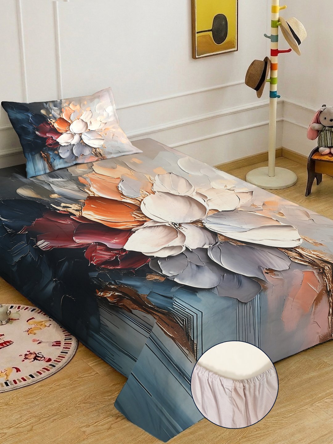 Multi Digital Floral Printed Cotton Blend Fitted Single Bedsheet with Pillow Cover