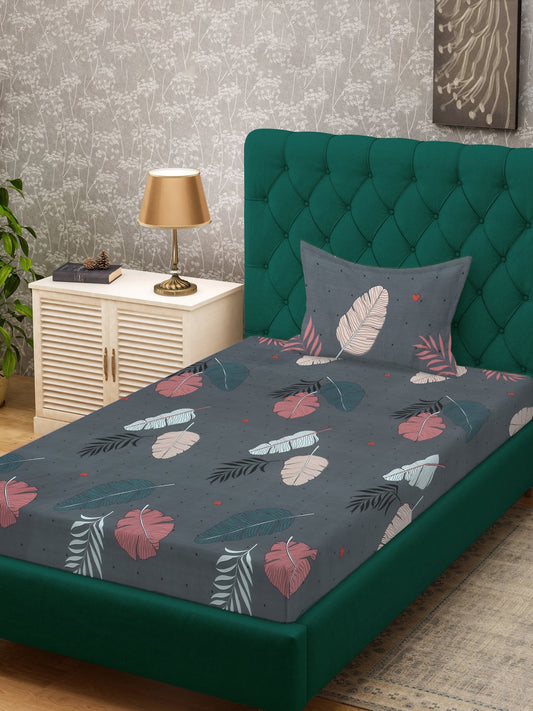Grey Floral 300 TC Cotton Blend Fitted Single Bedsheet with Pillow Cover