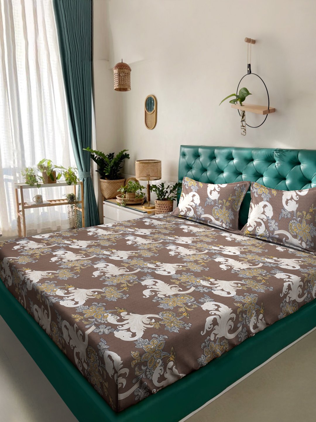 Brown Floral 300 TC Cotton Blend Double Bedsheet with 2 Pillow Covers