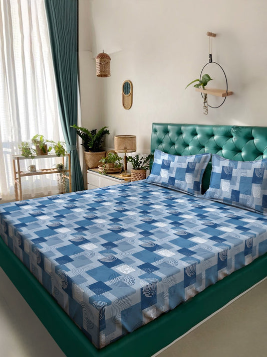 Blue Geometric 400 TC Pure Cotton Double Bedsheet with 2 Pillow Covers