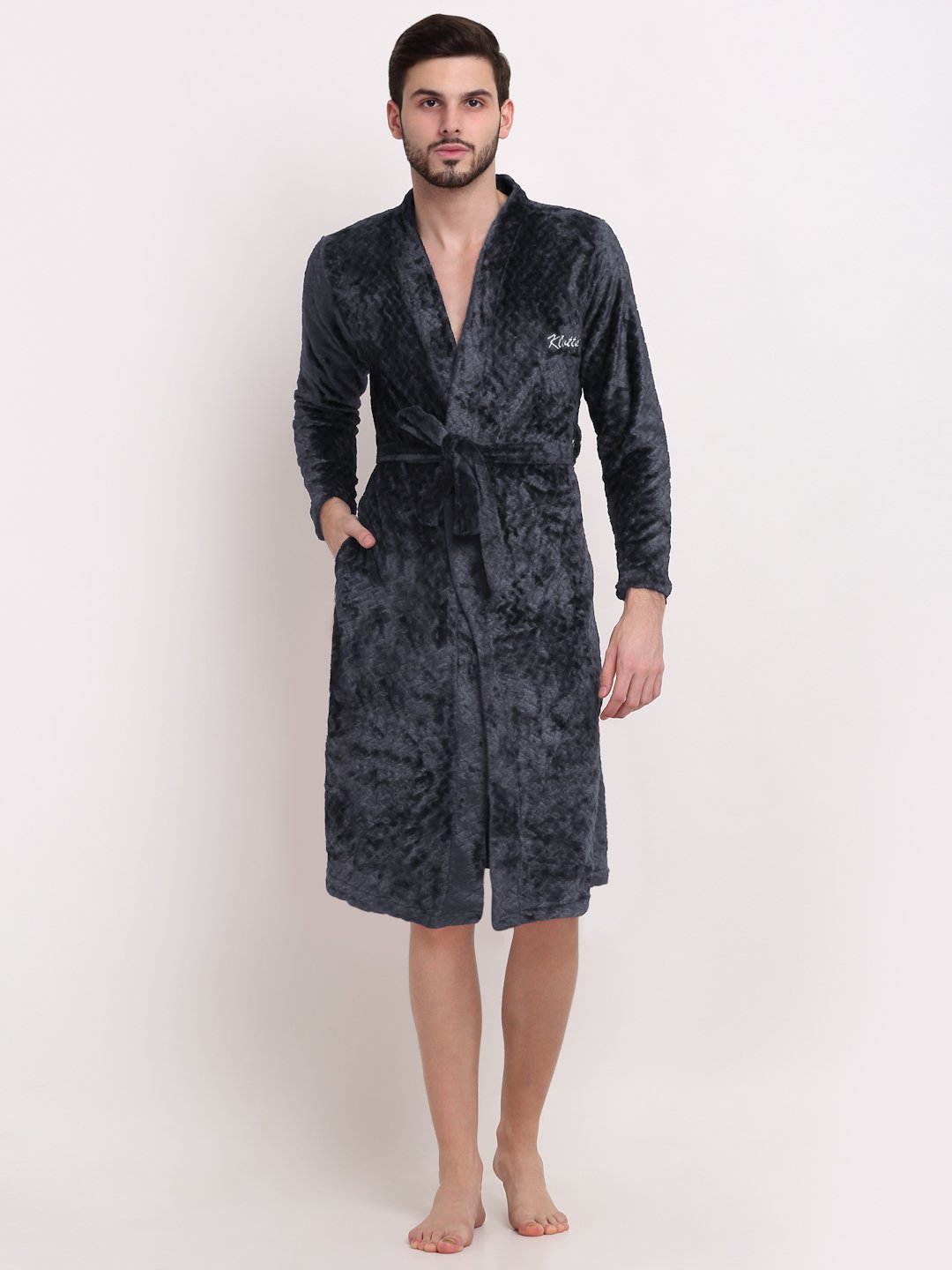 Men Grey Self Design Wool Bath Robe With Belt