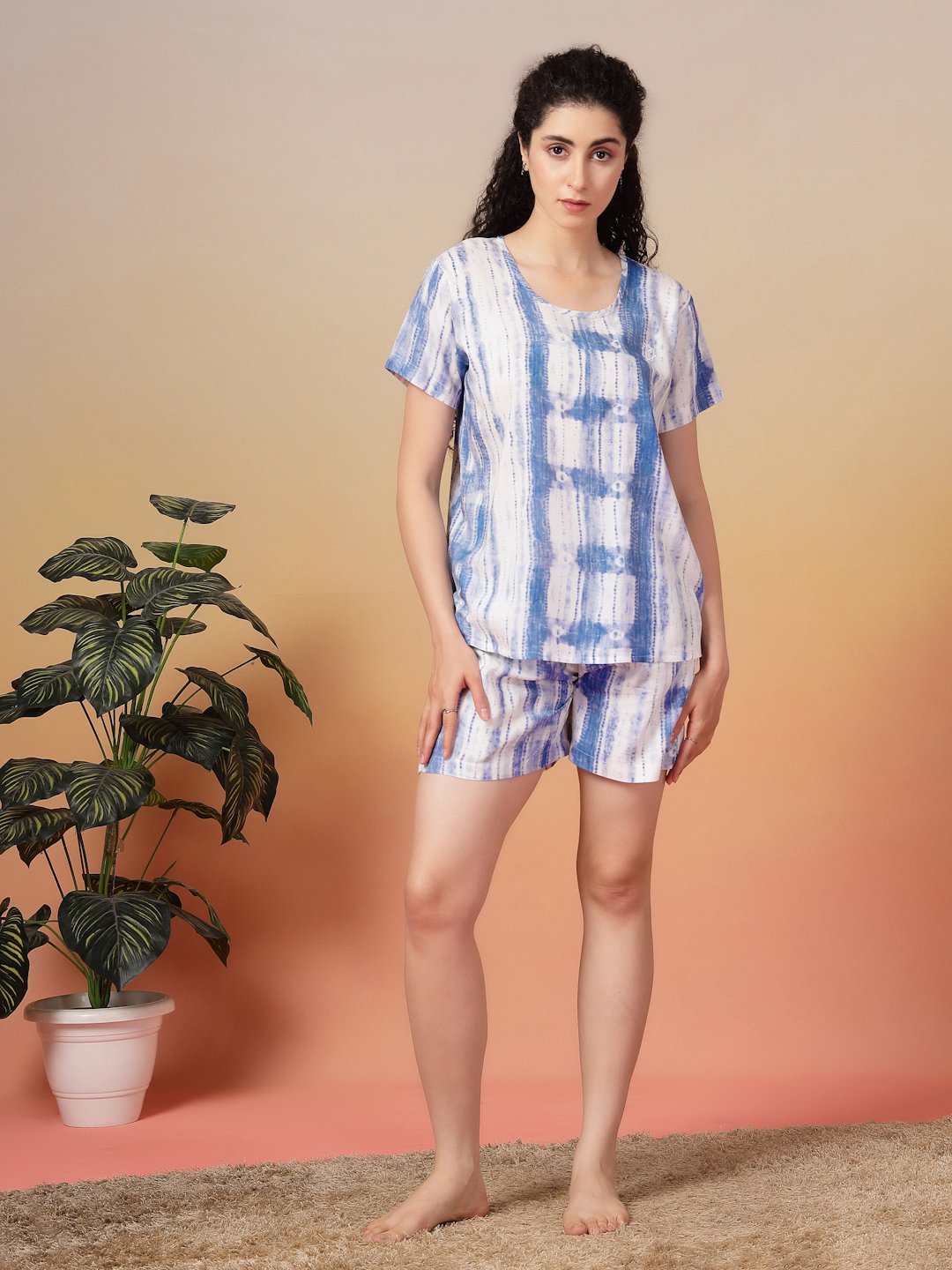 Women Blue Abstract Pure Cotton Night Suit