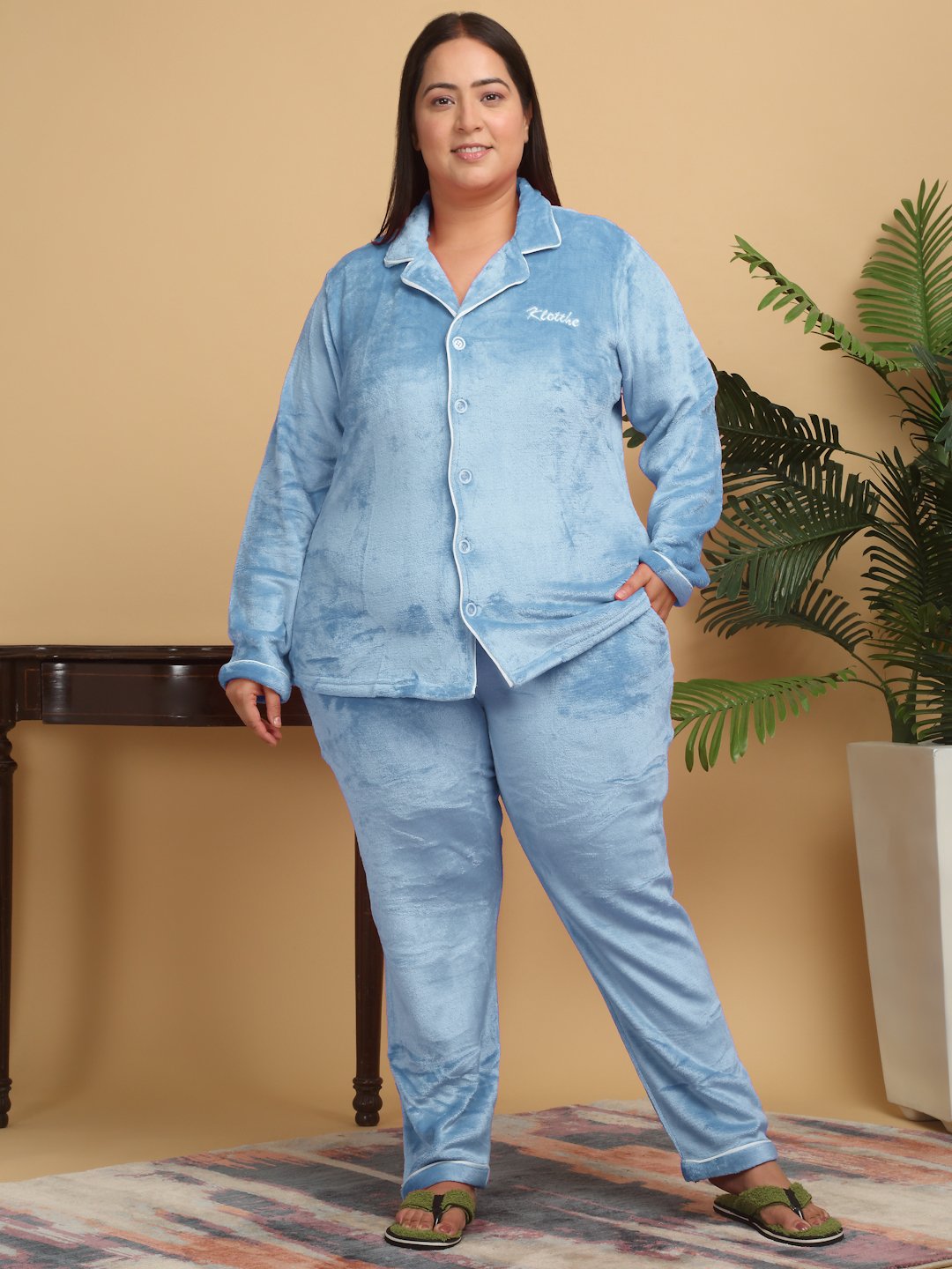 Women SkyBlue Solid Plus Size Woolen Night Suit