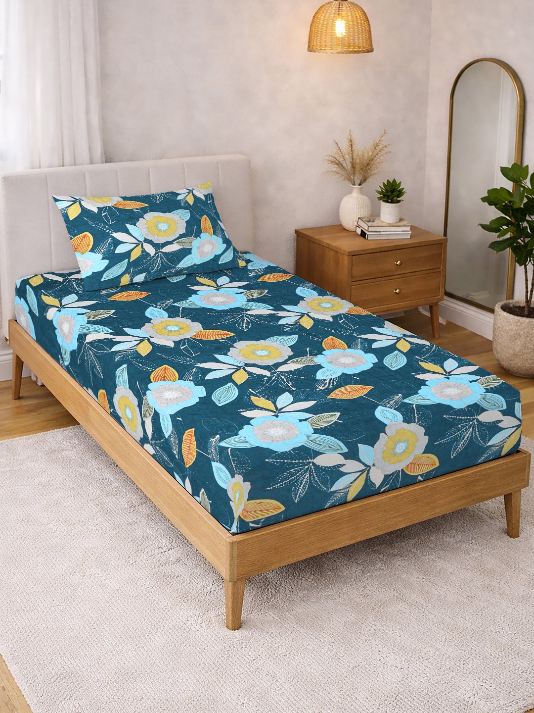 Blue Floral Cotton Blend Single Bedsheet with Pillow Cover