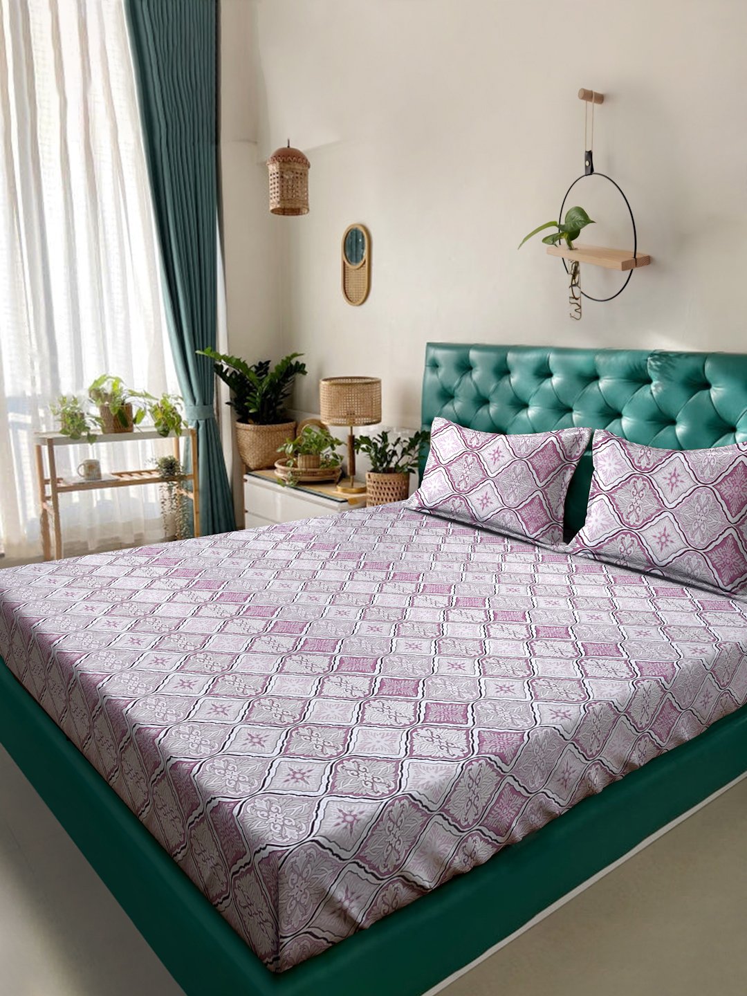 Purple Floral 400 TC Pure Cotton Double Bedsheet with 2 Pillow Covers