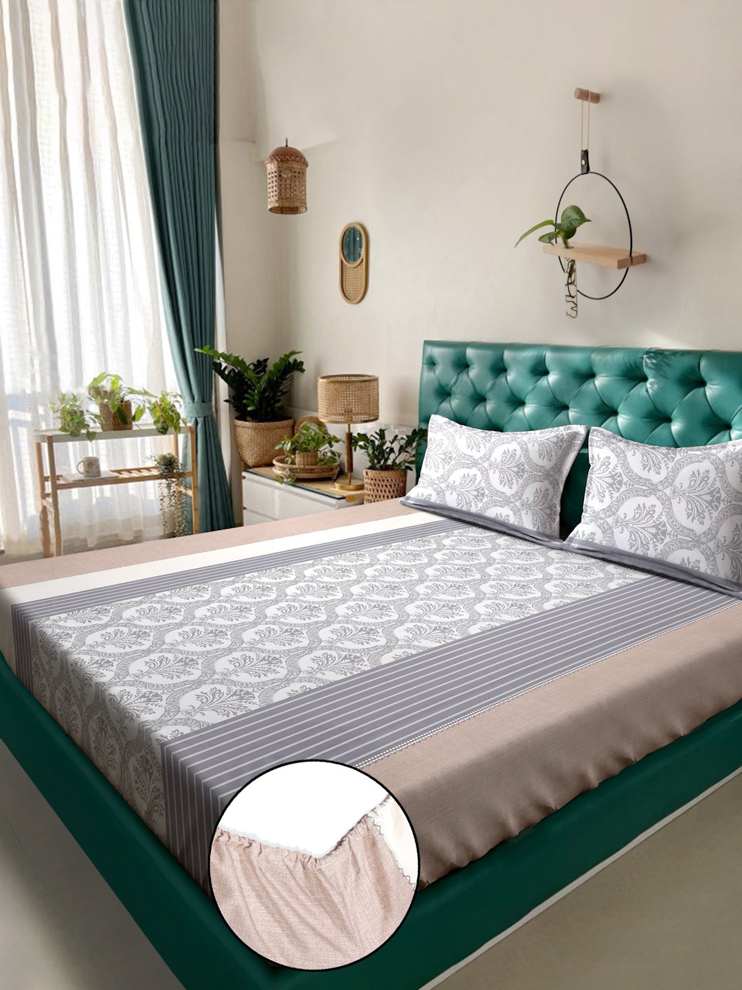 Multi Floral  300 TC Cotton Blend Fitted Double Bedsheet with 2 Pillow Covers