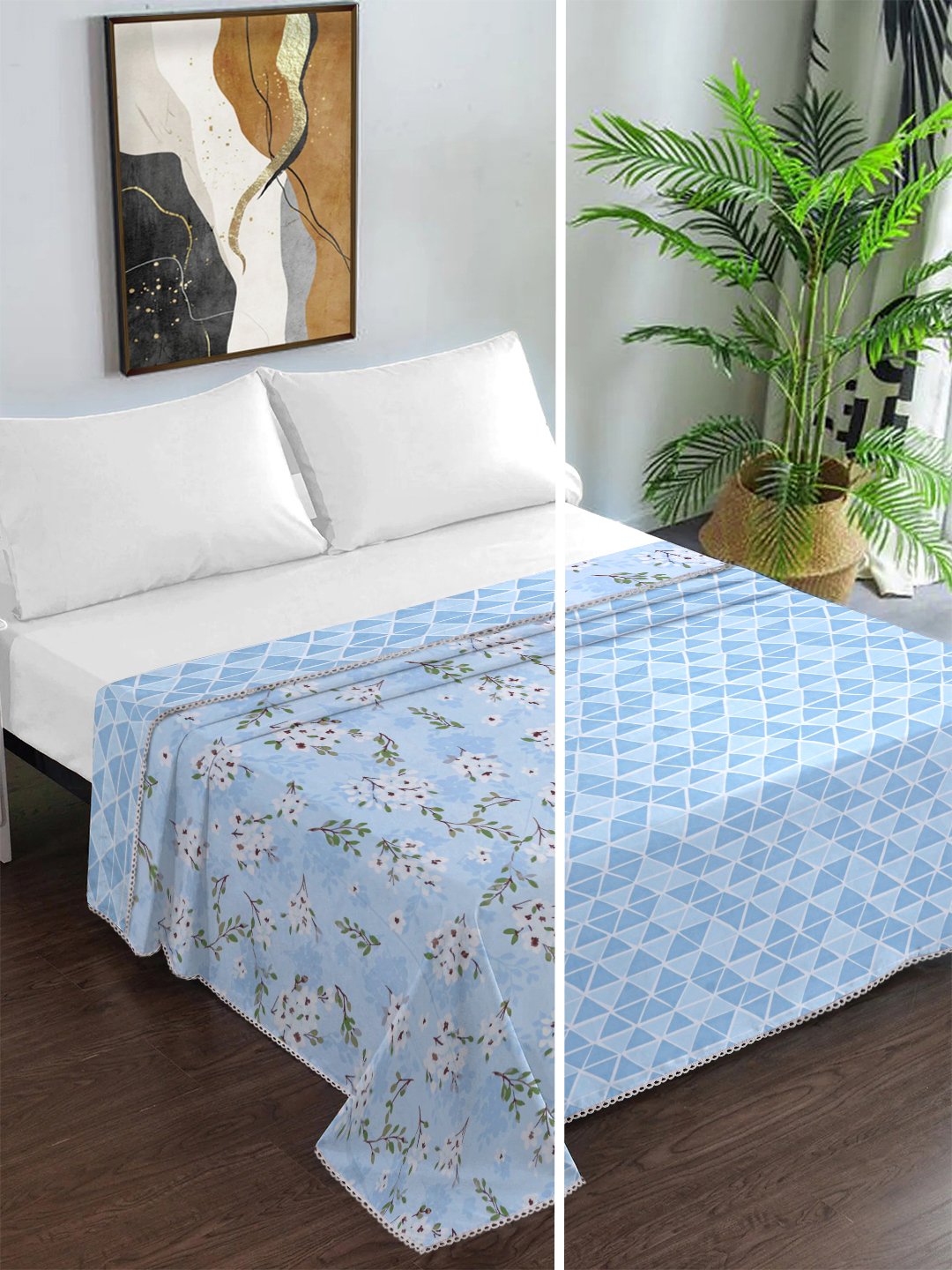 Blue Cotton Blend Floral Double Bed Dohar