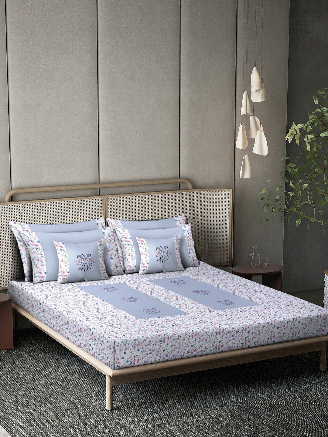 SkyBlue Floral Embroidered 400 TC Cotton Double Bedsheet, 4 Pillow Covers & 2 Cushion Covers
