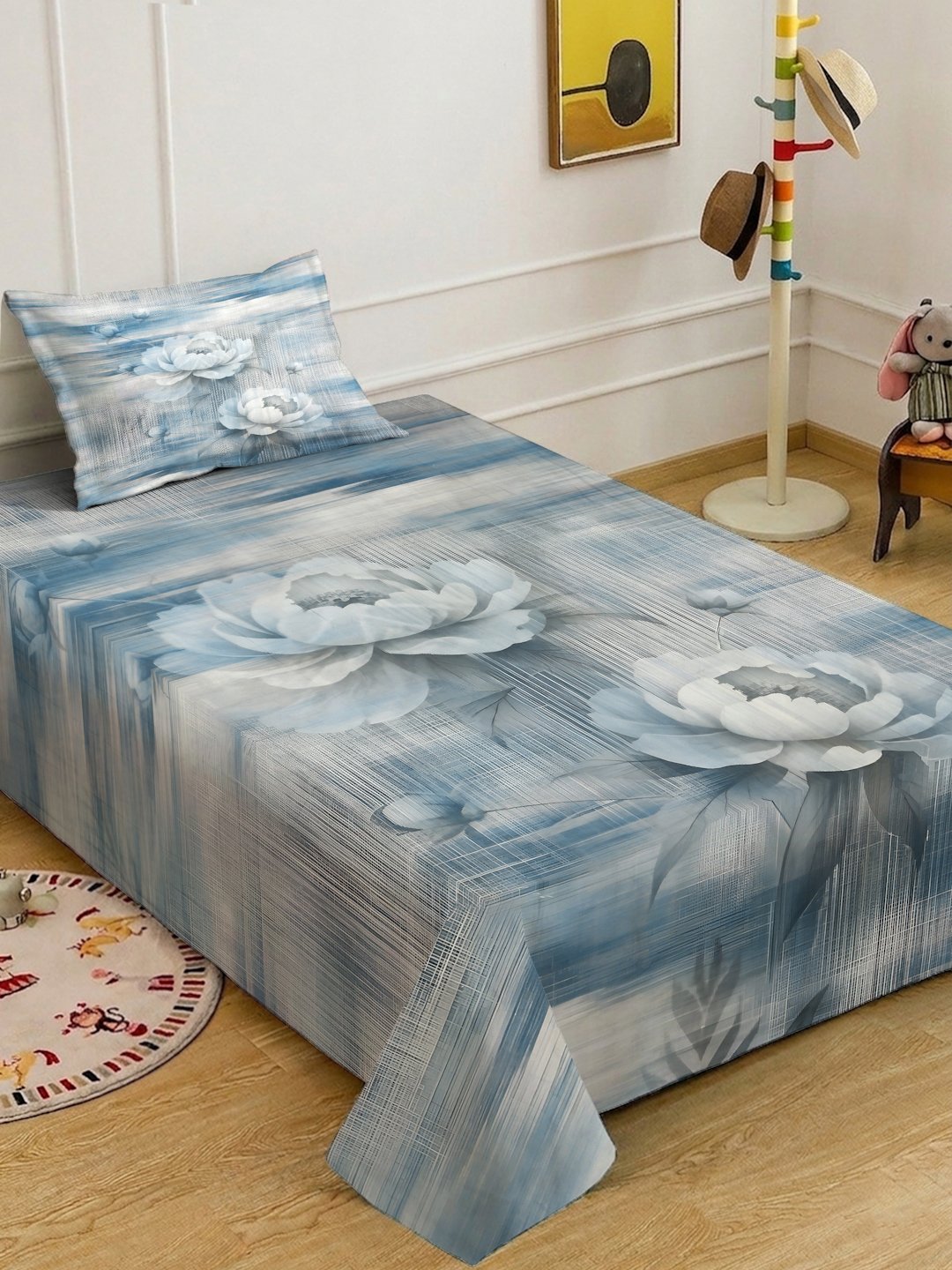 Blue Digital Floral Printed Cotton Blend Single Bedsheet with Pillow Cover