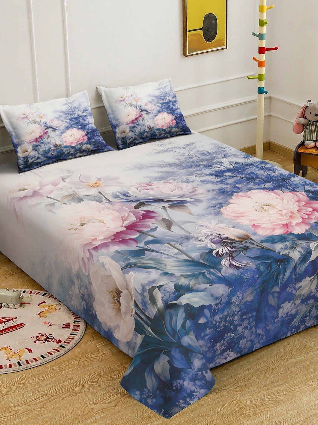 Blue Digital Floral Printed Cotton Blend Double Bedsheet with 2 Pillow Covers