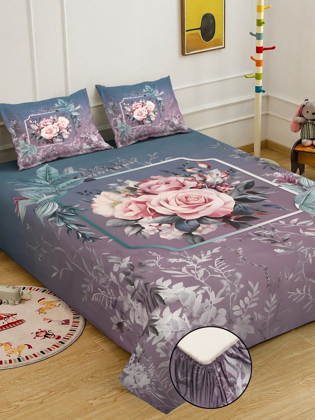 Purple Digital Floral Printed Cotton Blend Fitted Double Bedsheet with 2 Pillow Covers