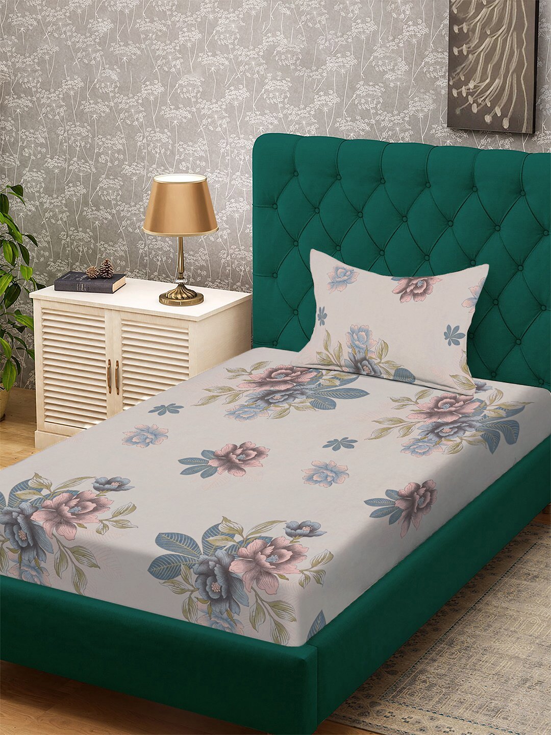Beige Floral 300 TC Cotton Blend Single Bedsheet with Pillow Cover