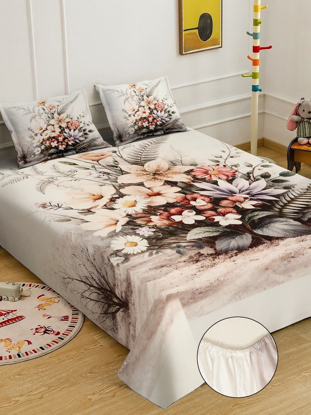 Multi Digital Floral Printed Cotton Blend Fitted Double Bedsheet with 2 Pillow Covers