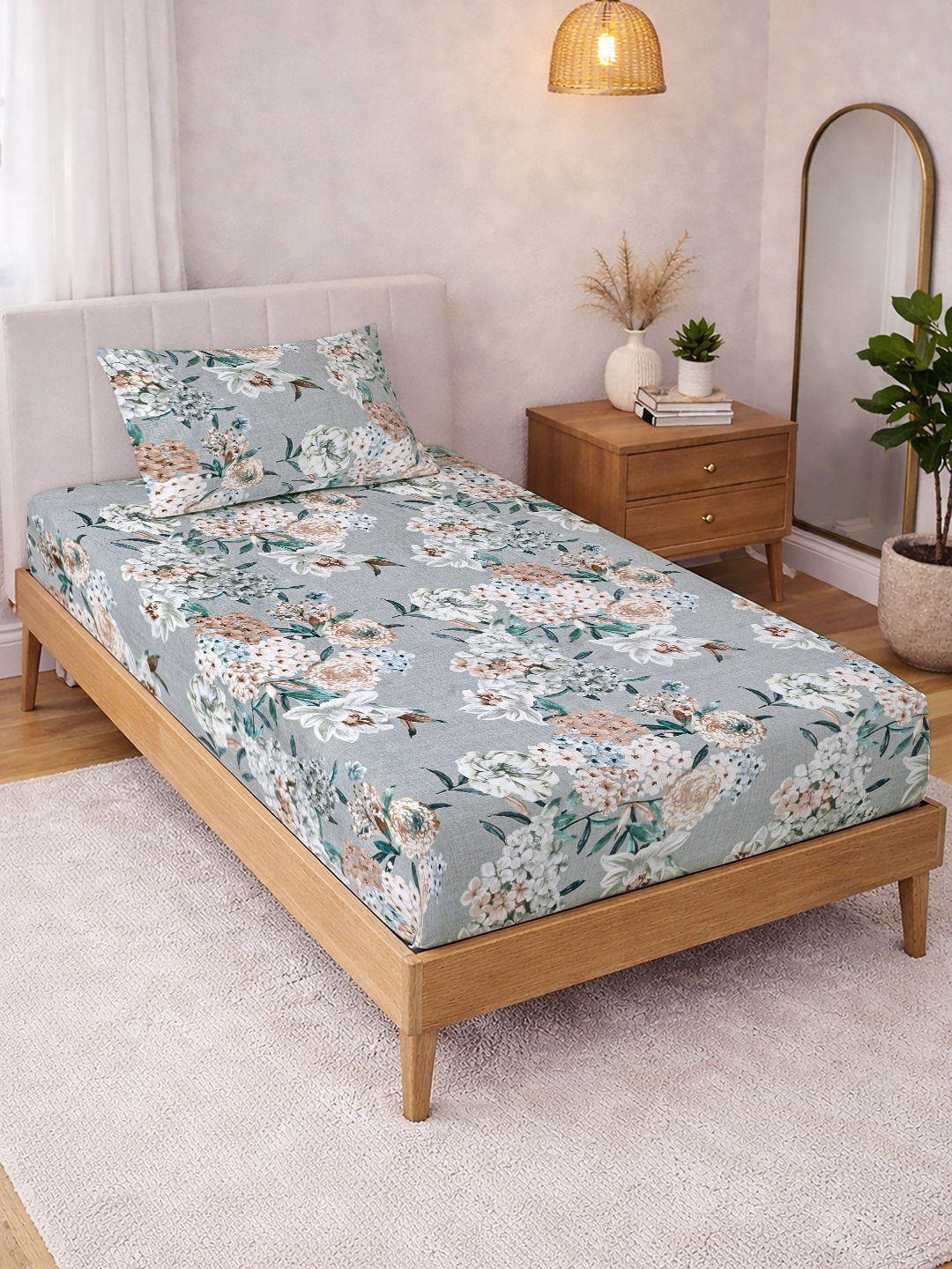 Grey Floral Cotton Blend Single Bedsheet with Pillow Cover