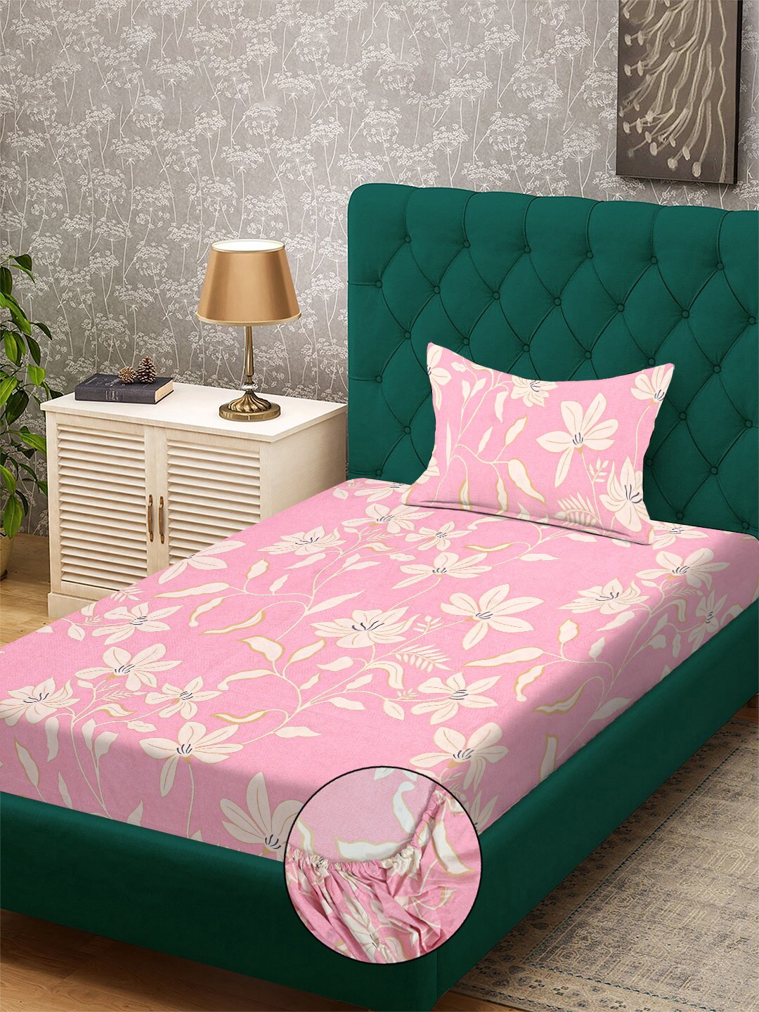 Pink Floral 300 TC Cotton Blend Fitted Single Bedsheet with Pillow Cover