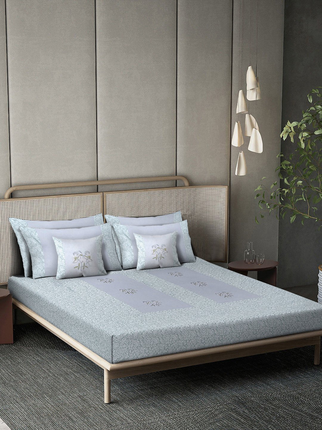 Grey Floral Embroidered 400 TC Cotton Double Bedsheet, 4 Pillow Covers & 2 Cushion Covers