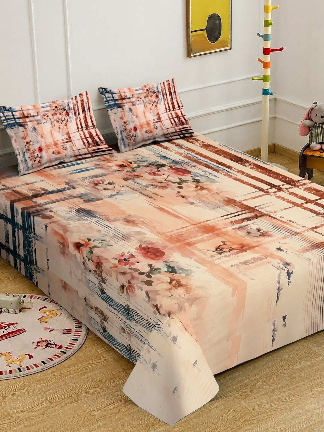 Multi Digital Floral Printed Cotton Blend Double Bedsheet with 2 Pillow Covers