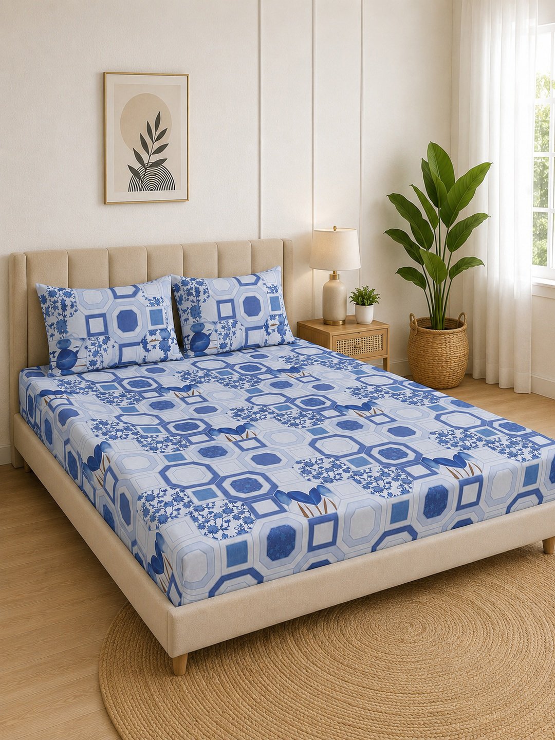 Blue Geometric Cotton Blend Double Bedsheet with 2 Pillow Covers