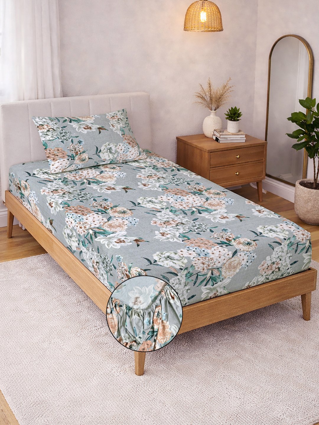 Grey Floral Cotton Blend Fitted Single Bedsheet with Pillow Cover