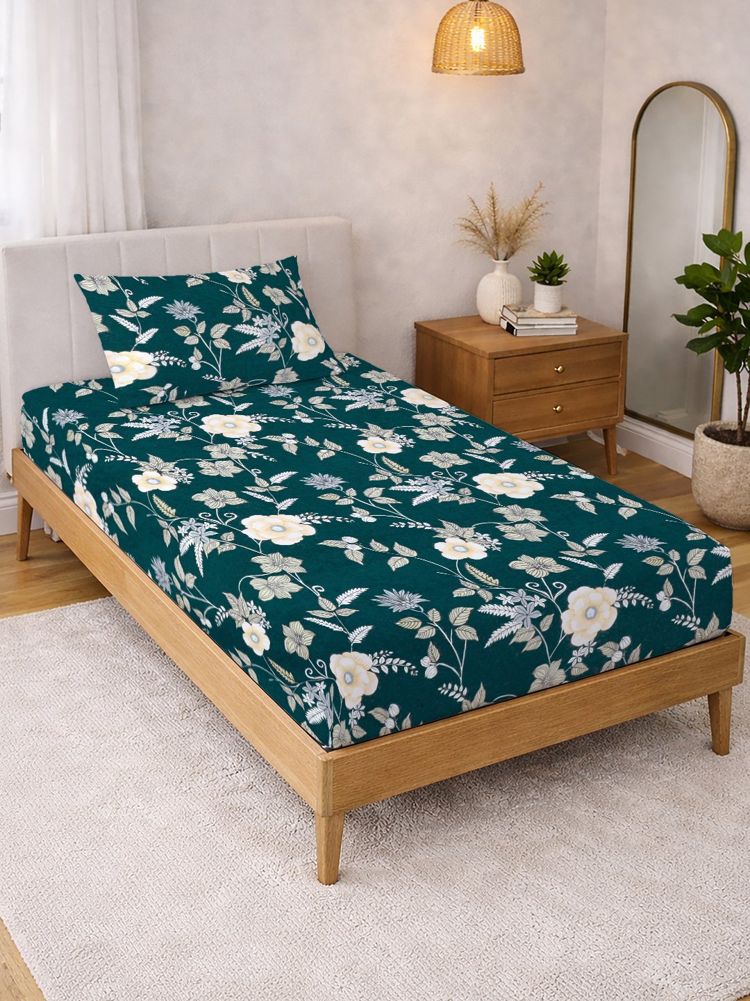 Green Floral Cotton Blend Single Bedsheet with Pillow Cover
