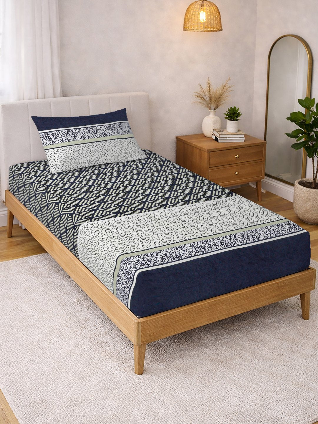 Multi Geometric Cotton Blend Single Bedsheet with Pillow Cover