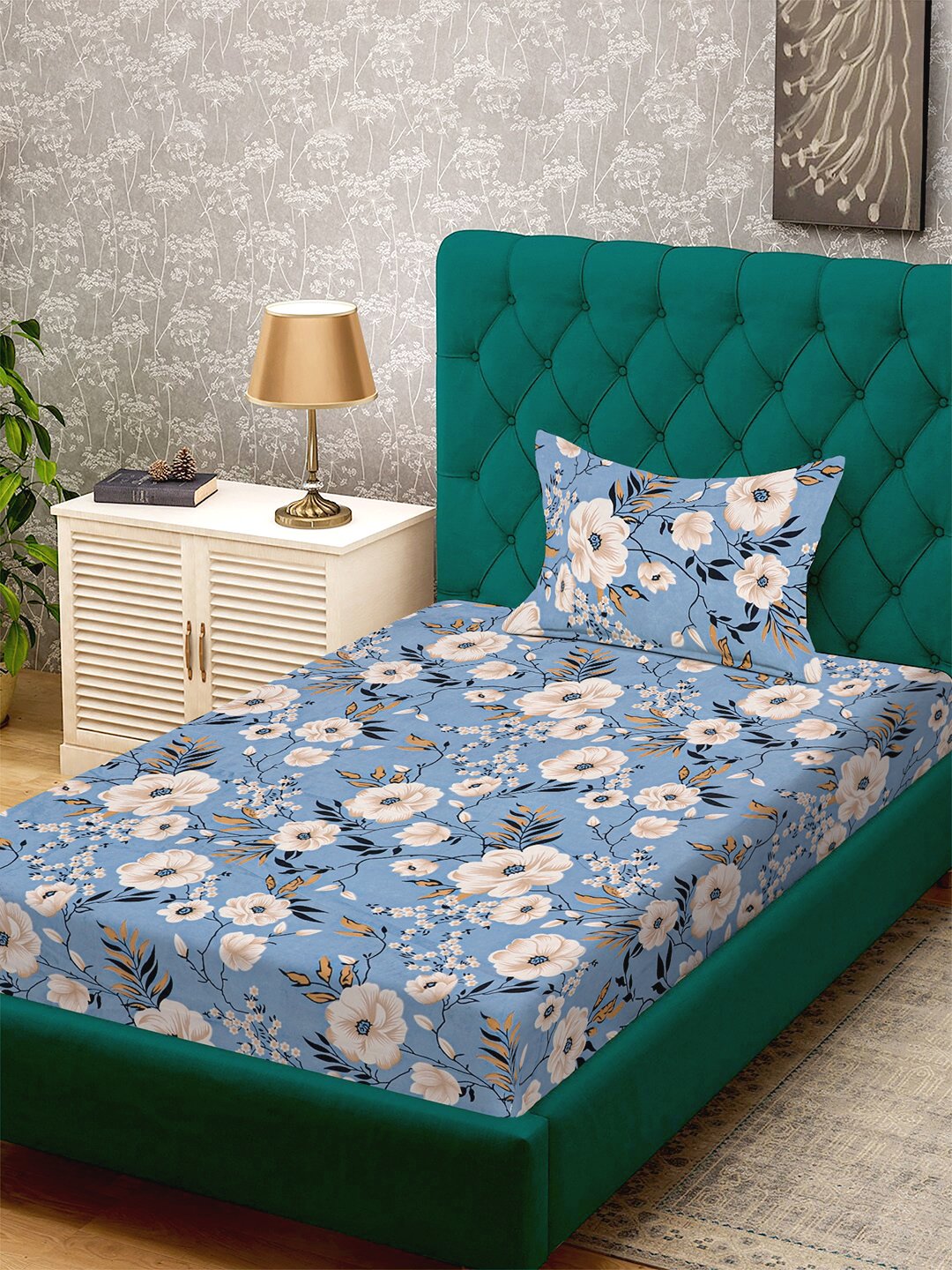Blue Floral 300 TC Cotton Blend Fitted Single Bedsheet with Pillow Cover
