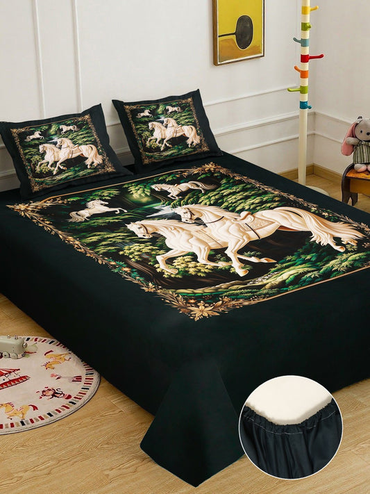 Green Digital Animal Printed Cotton Blend Fitted Double Bedsheet with 2 Pillow Covers
