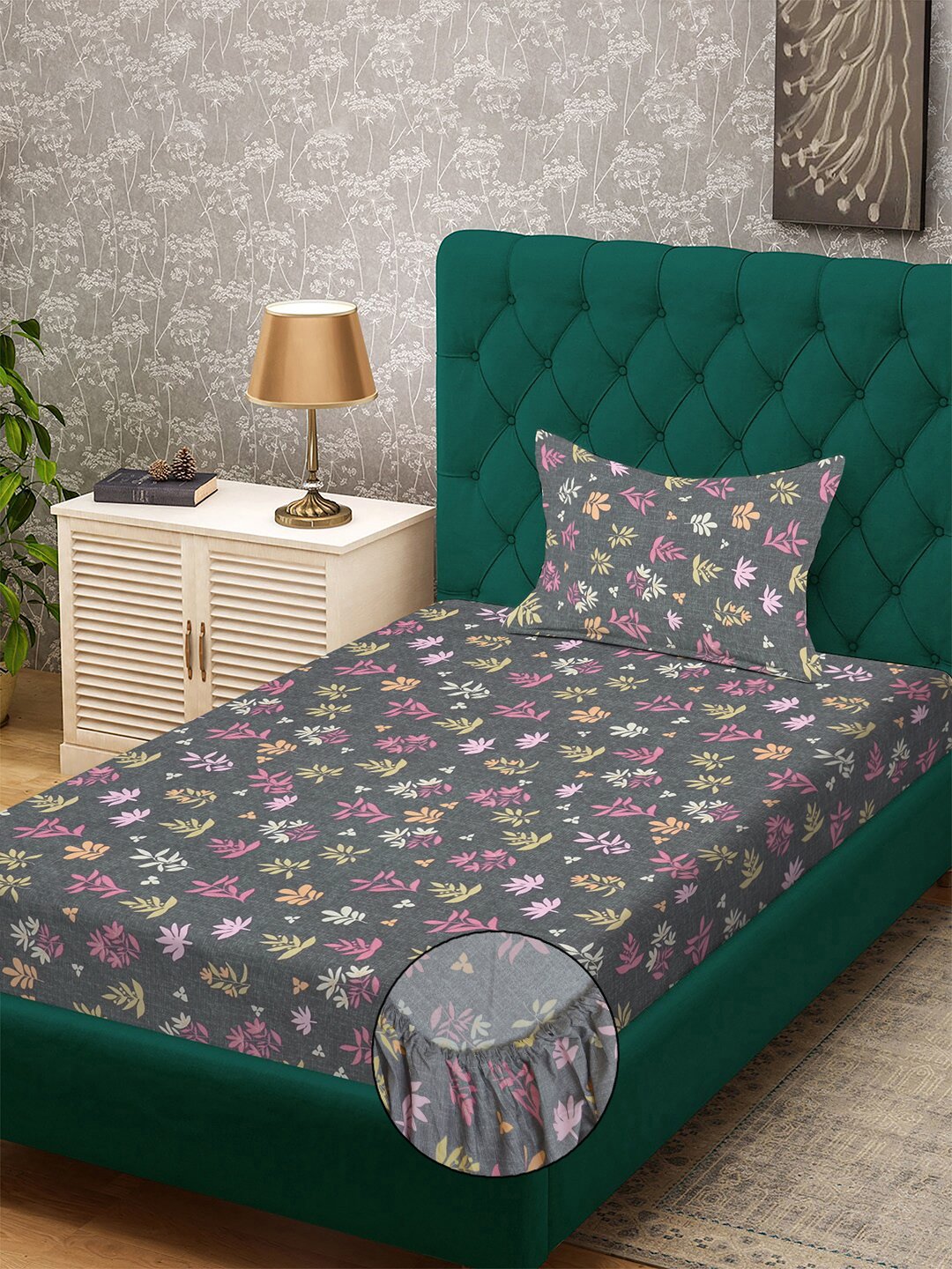 Grey Floral 300 TC Cotton Blend Fitted Single Bedsheet with Pillow Cover