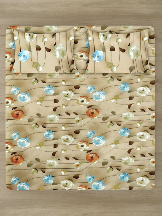 Beige Floral 7D King Size Cotton Blend Fitted Double Bedsheet with 2 Pillow Covers