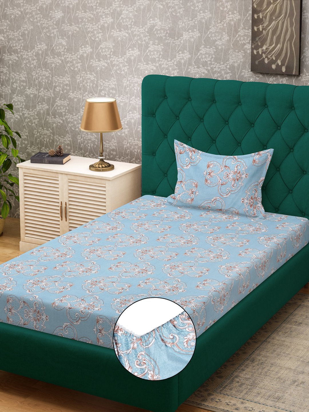 SkyBlue Ethnic Motifs 300 TC Cotton Blend Fitted Single Bedsheet Set in Book Fold Packing