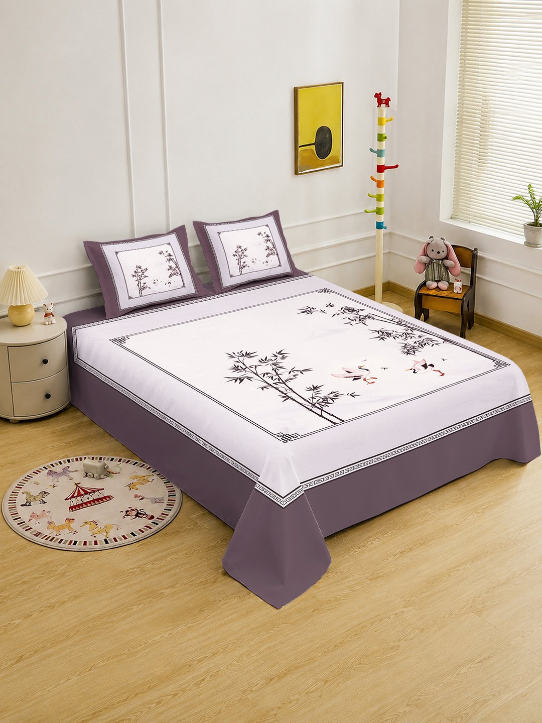 Digital White Floral Cotton Blend Double Bedsheet with 2 Pillow Covers