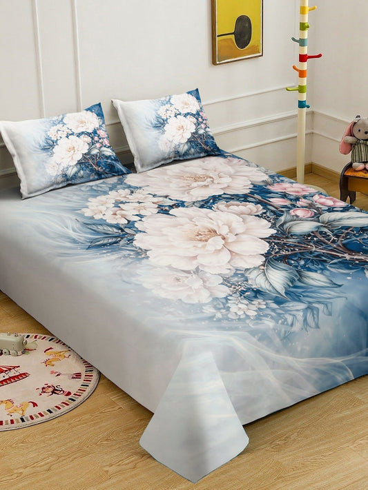 Blue Digital Floral Printed Cotton Blend Double Bedsheet with 2 Pillow Covers