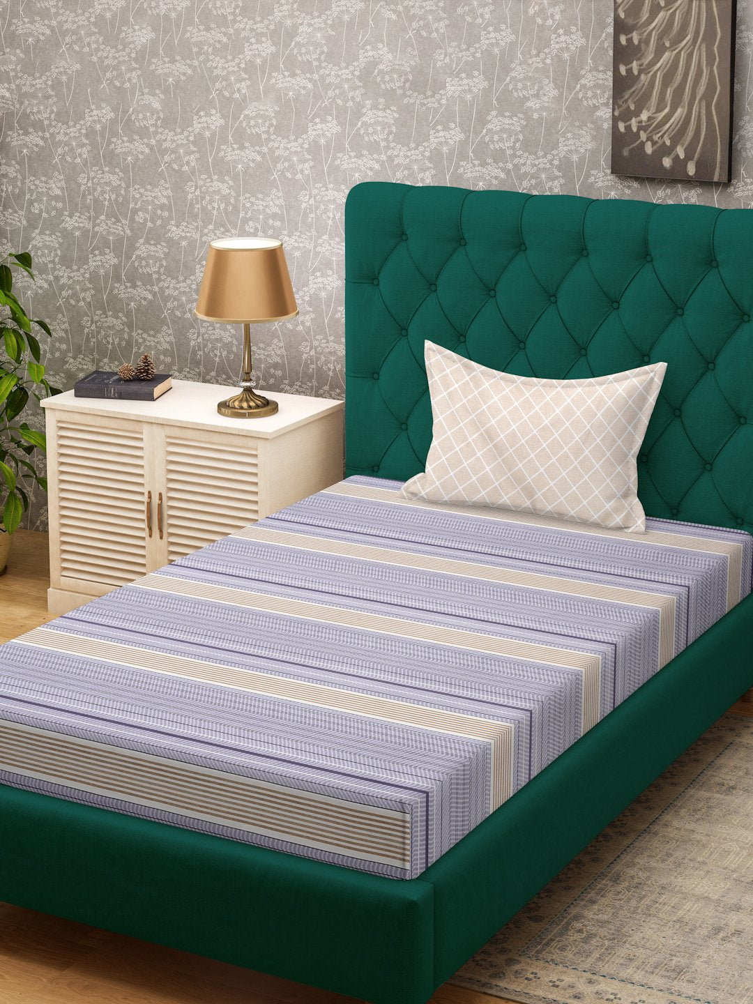 Purple Striped 300 TC Cotton Blend Single Bedsheet Set in Book Fold Packing