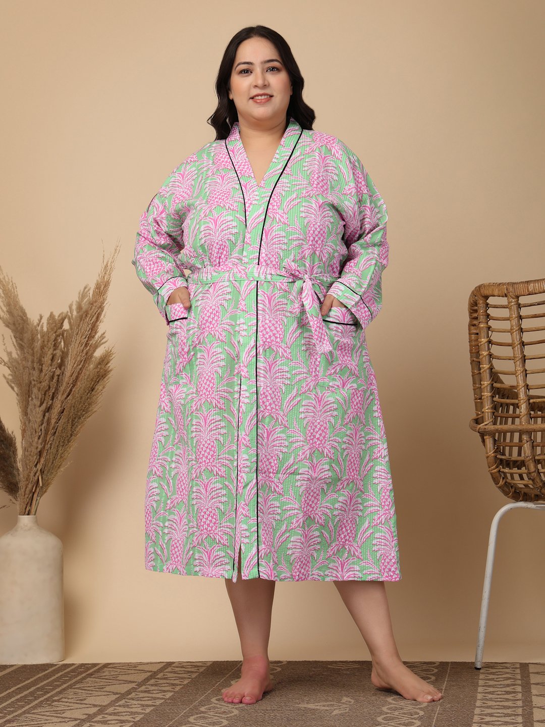 Women Printed Green Floral Plus Size Pure Cotton Bath Robe With Belt