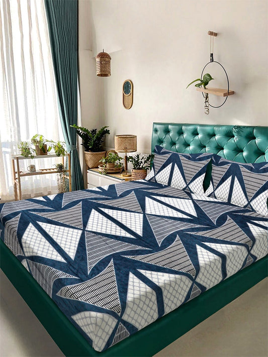 Blue Geometric Super King Woolen Double Bedsheet with 2 Pillow Covers