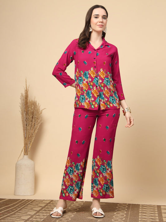 Pink Cotton Printed Shirt With Trousers Co-Ords Set