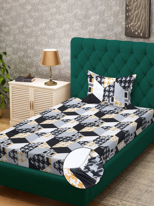 Multi Geometric 300 TC Cotton Blend Fitted Single Bedsheet Set in Book Fold Packing