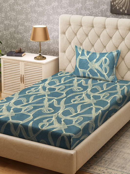 Klotthe Turquoise Abstract 300 TC Cotton Blend Single Bedsheet with Pillow Cover