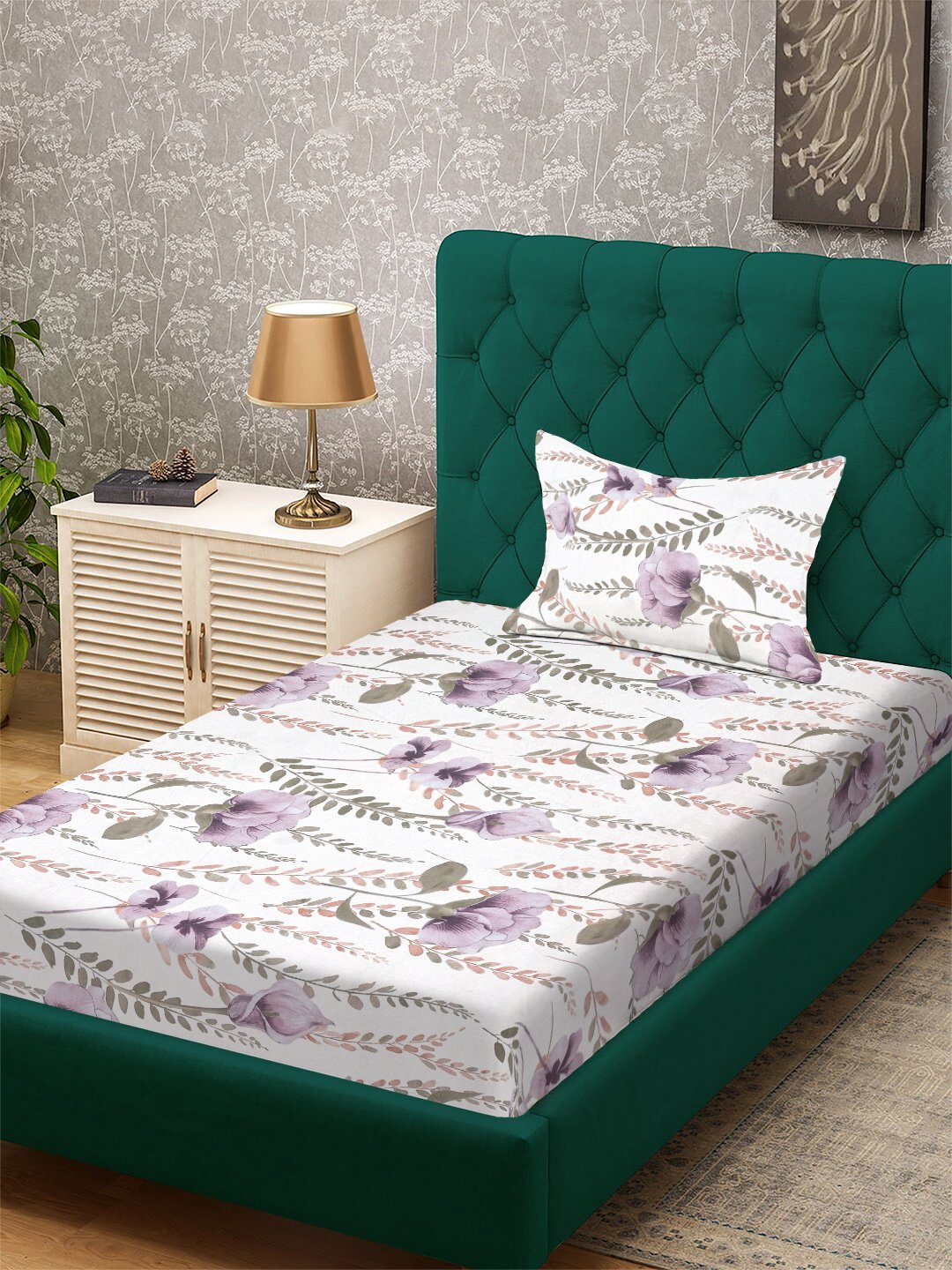 White Floral 300 TC Cotton Blend Single Bedsheet with Pillow Cover