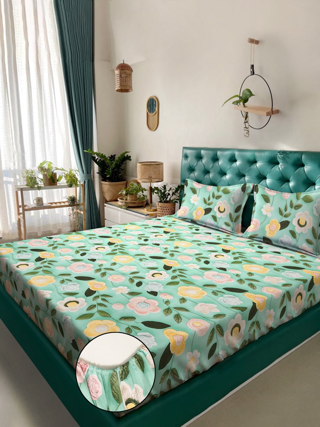 Green Floral 7D King Size Cotton Blend Fitted Double Bedsheet with 2 Pillow Covers