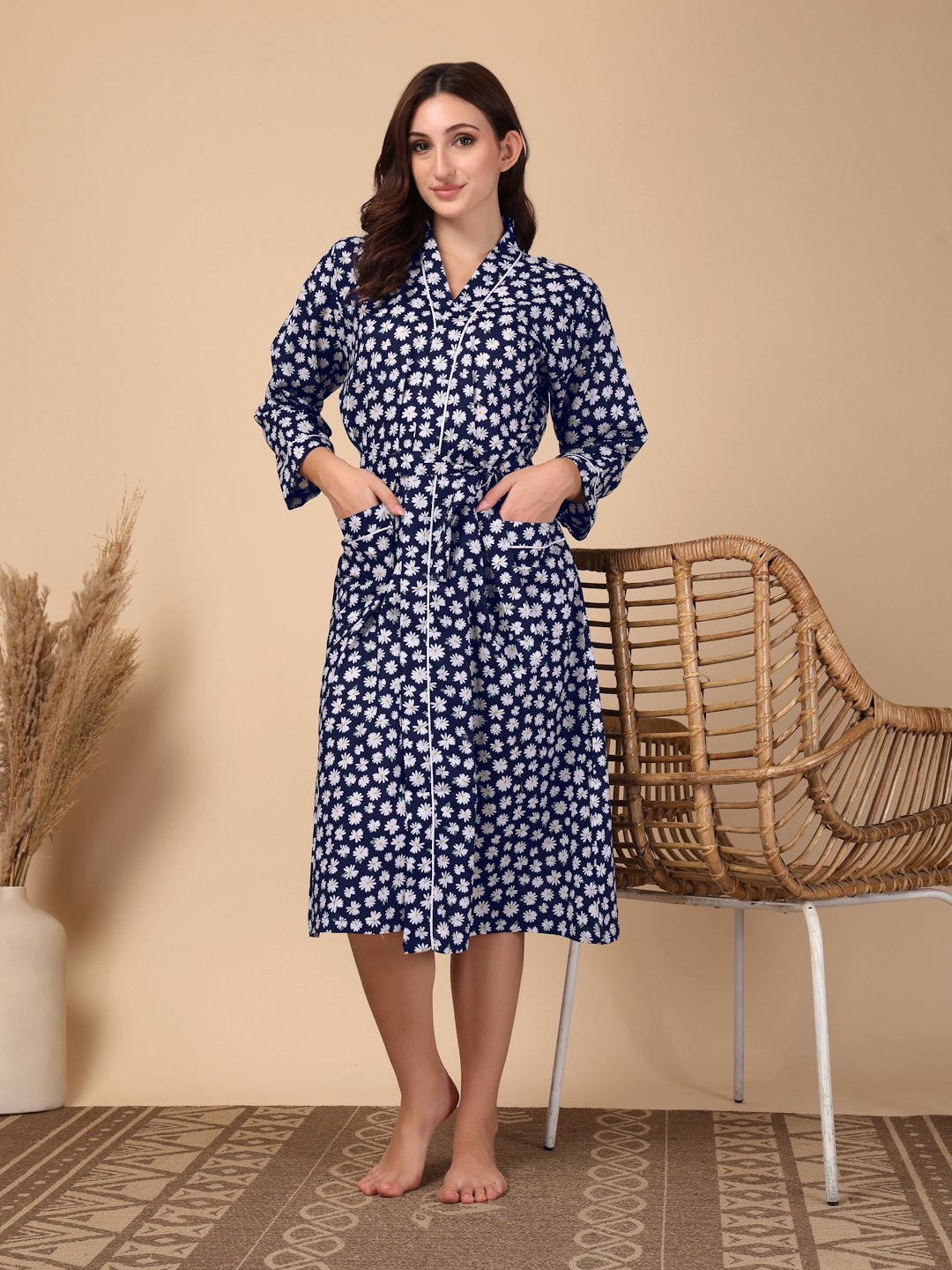 Women Printed Blue Floral Pure Cotton Bath Robe With Belt