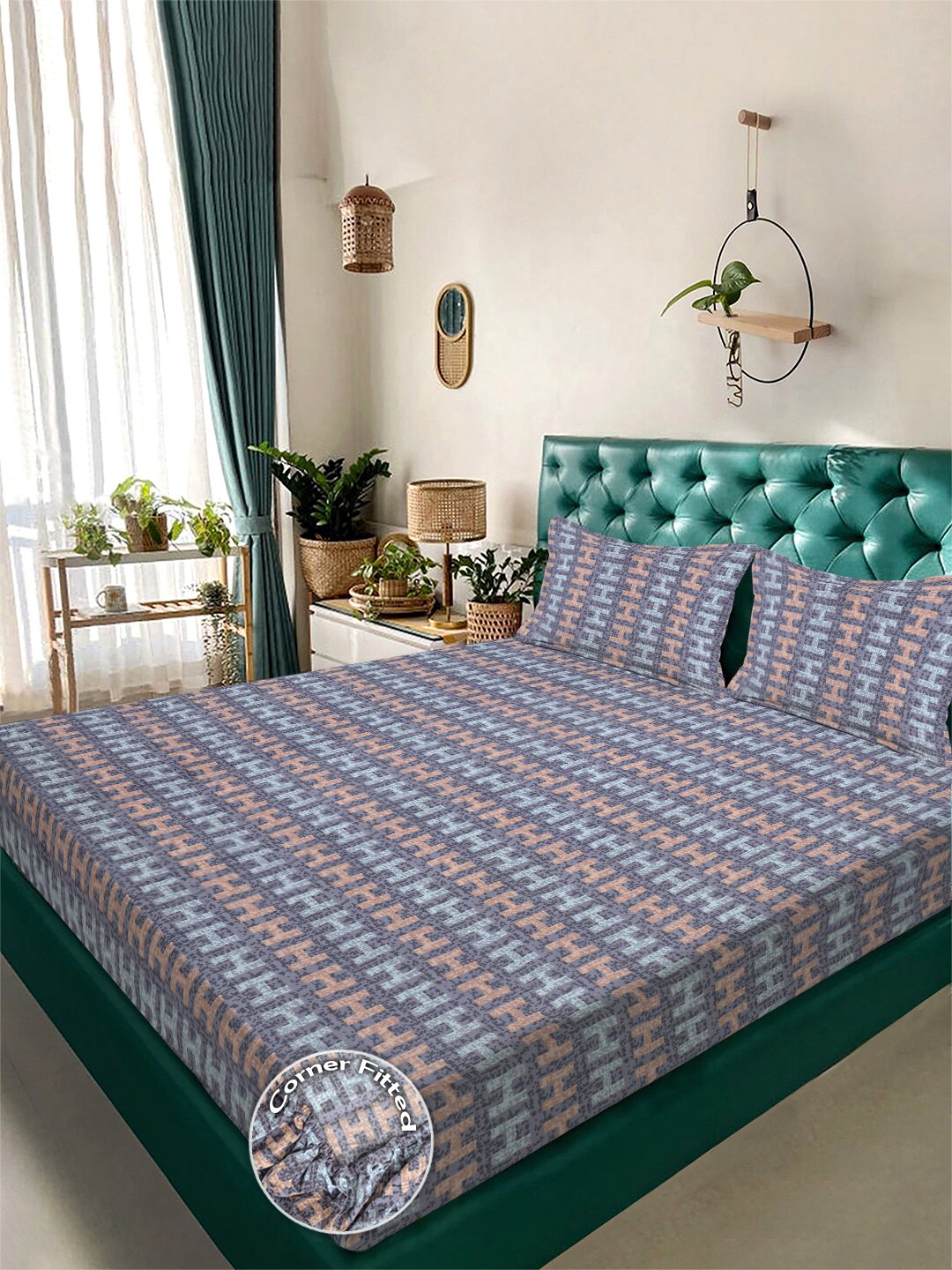 Purple Abstract 300 TC Cotton Blend Fitted Double Bedsheet with 2 Pillow Covers