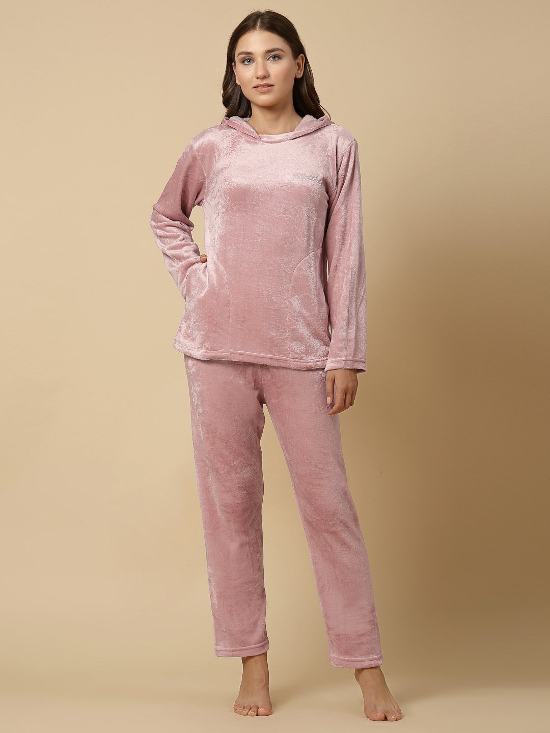 Klotthe Women Pink Wool Blend Solid Hooded Night Suit