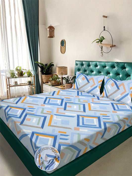 Blue Geometric 300 TC Cotton Blend Fitted Double Bedsheet with 2 Pillow Covers