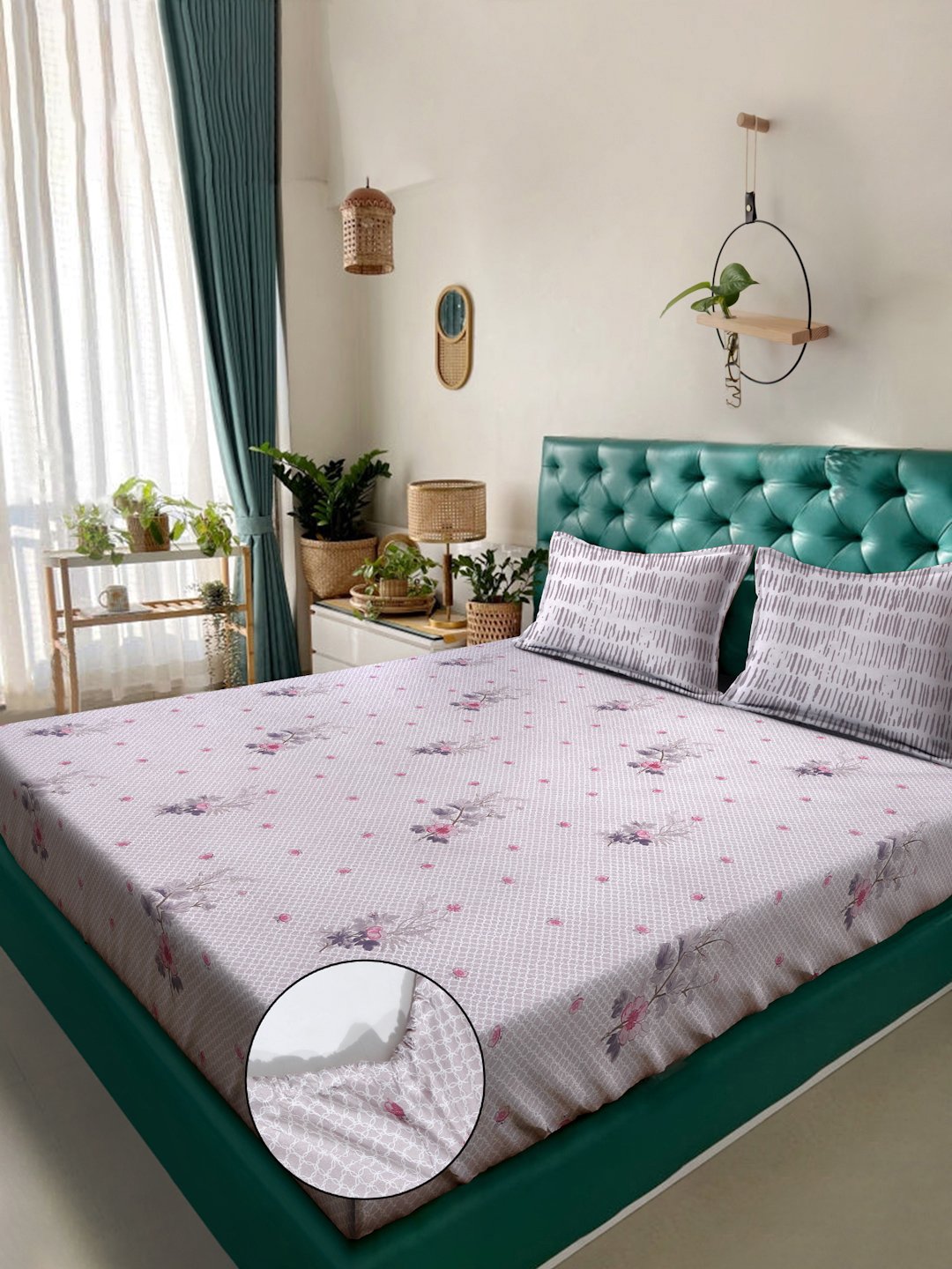 Purple Floral 400 TC Pure Cotton Fitted Double Bedsheet with 2 Pillow Covers