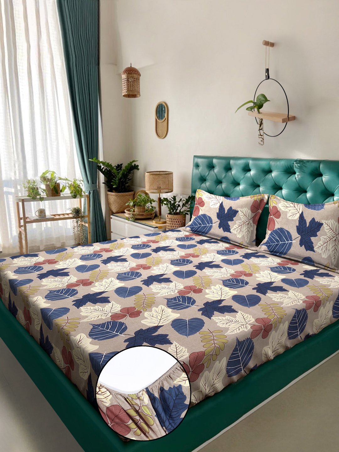 Brown Floral 300 TC Cotton Blend Fitted Double Bedsheet with 2 Pillow Covers