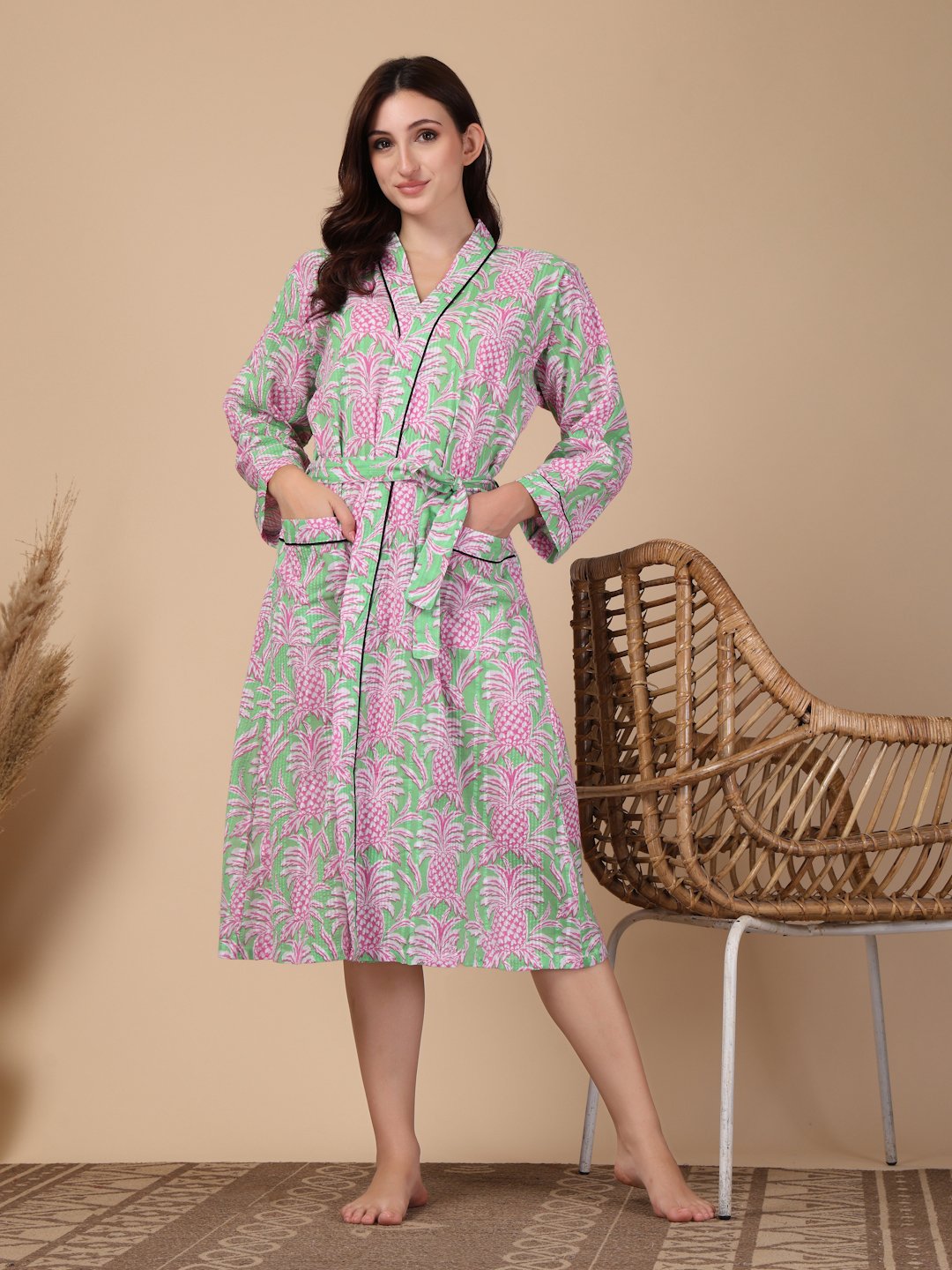 Women Printed Green Floral Pure Cotton Bath Robe With Belt