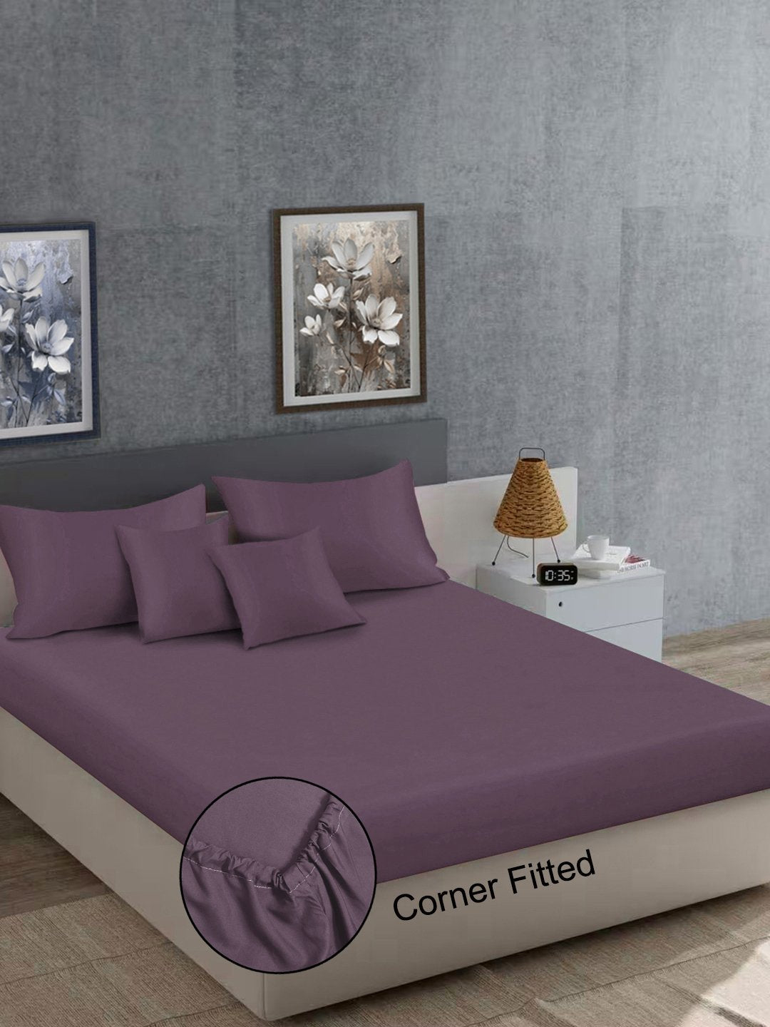Purple Solid 400 TC Satin Fitted Super King Double Bedsheet with 2 Pillow Covers & 2 Cushion Covers