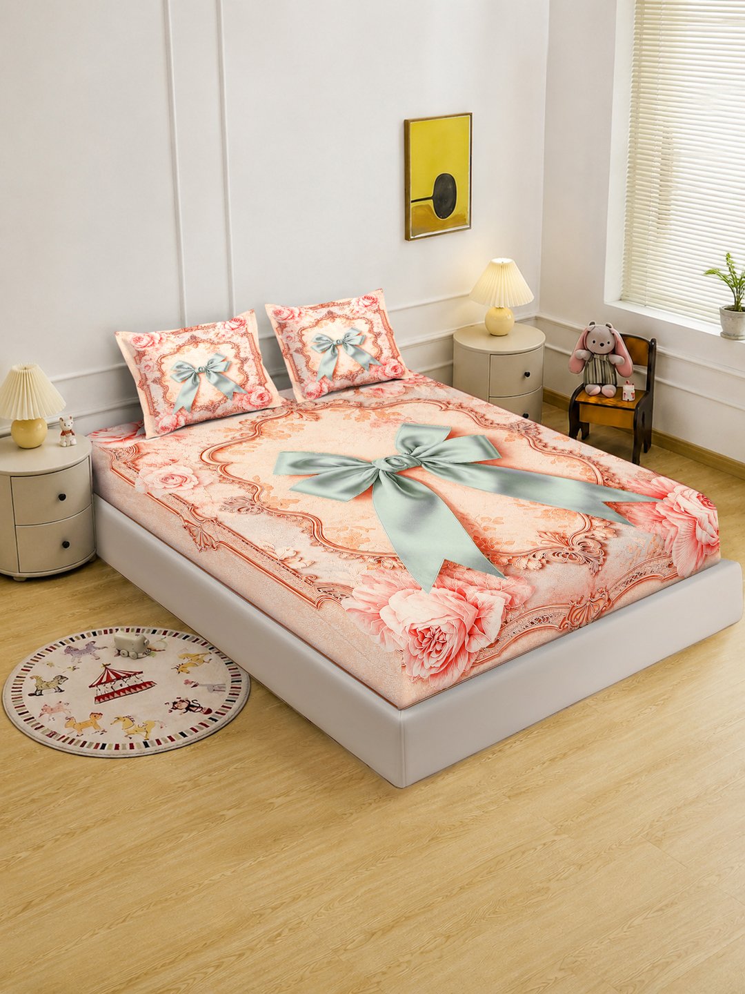 Digital Printed Peach Floral Cotton Blend Double Bedsheet with 2 Pillow Covers
